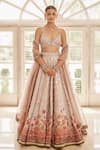 Buy_Cedar & Pine_Pink Dupion Print Floral Floating Flowers Mirror Embroidered Bridal Lehenga Set _at_Aza_Fashions