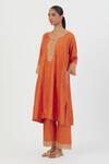 Lajjoo C_Orange Silk Embroidery Blossom Round Zehra Fleur Kurta With Palazzo _Online_at_Aza_Fashions