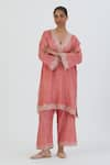 Buy_Lajjoo C_Coral Silk Embroidered Thread V Neck Naaz Kurta And Pant Set _at_Aza_Fashions