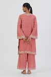 Shop_Lajjoo C_Coral Silk Embroidered Thread V Neck Naaz Kurta And Pant Set _at_Aza_Fashions