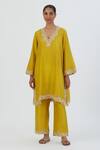 Buy Lajjoo C Yellow Silk Embroidered Thread V Neck Naaz Kurta And Pant Set at Aza Fashions Buy_Lajjoo C_Yellow Silk Embroidered Thread V Neck Naaz Kurta And Pant Set _at_Aza_Fashions