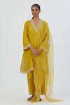 Lajjoo C Yellow Silk Embroidered Thread V Neck Naaz Kurta And Pant Set Online at Aza Fashions Lajjoo C_Yellow Silk Embroidered Thread V Neck Naaz Kurta And Pant Set _Online_at_Aza_Fashions