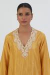 Buy Lajjoo C Yellow Silk Embroidered Thread V Neck Naaz Work Kurta And Pant Set Online at Aza Fashions Buy_Lajjoo C_Yellow Silk Embroidered Thread V Neck Naaz Work Kurta And Pant Set _Online_at_Aza_Fashions