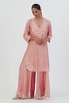 Buy_Lajjoo C_Pink Silk Embroidered Thread V Neck Isha Kurta And Sharara Set _at_Aza_Fashions