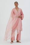 Lajjoo C_Pink Silk Embroidery Petunia Lace V Naaz Border Kurta With Palazzo _at_Aza_Fashions