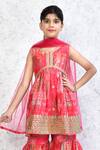 Petite Pomme_Red Silk, Net Zari, Embroidery Floral Mandala Print Tunic Gharara Set_Online_at_Aza_Fashions