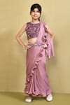 Buy_Banana Bee_Peach Georgette Embroidered Sequin Pre-draped Ruffle Saree With Blouse_at_Aza_Fashions
