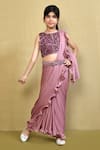 Buy_Banana Bee_Peach Georgette Embroidered Sequin Pre-draped Ruffle Saree With Blouse_Online_at_Aza_Fashions