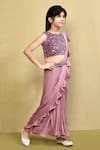 Banana Bee_Peach Georgette Embroidered Sequin Pre-draped Ruffle Saree With Blouse_at_Aza_Fashions