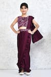 Buy_Banana Bee_Wine Georgette Embroidered Sequin Pre-draped Saree With Blouse_at_Aza_Fashions