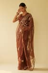 Buy_Sarang Kaur_Brown Saree Organza Hand Embroidered Meera With Unstitched Blouse Piece _at_Aza_Fashions