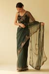 Buy_Sarang Kaur_Green Saree Organza Hand Embroidered Dareecha With Unstitched Blouse Piece _at_Aza_Fashions