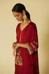 Sarang Kaur_Red Kurta Satin Silk Hand Embroidered Floral V Neck Arya And Pant Set_Online_at_Aza_Fashions
