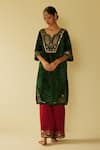 Buy_Sarang Kaur_Green Kurta Velvet Hand Embroidered Floral Notched Meera And Pant Set _at_Aza_Fashions