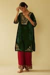 Sarang Kaur_Green Kurta Velvet Hand Embroidered Floral Notched Meera And Pant Set _Online_at_Aza_Fashions