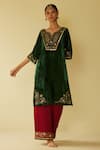 Buy_Sarang Kaur_Green Kurta Velvet Hand Embroidered Floral Notched Meera And Pant Set _Online_at_Aza_Fashions