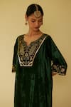 Sarang Kaur_Green Kurta Velvet Hand Embroidered Floral Notched Meera And Pant Set _at_Aza_Fashions