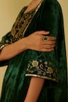 Buy_Sarang Kaur_Green Kurta Velvet Hand Embroidered Floral Notched Meera And Pant Set 