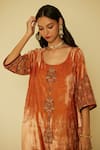 Buy_Sarang Kaur_Peach Kurta Velvet Hand Embroidered Floral Round Bageecha And Pant Set_Online_at_Aza_Fashions