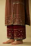 Sarang Kaur_Brown Kurta Satin Silk Hand Embroidered Floral Notched Farida And Pant Set _Online_at_Aza_Fashions