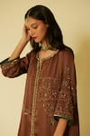 Buy_Sarang Kaur_Brown Kurta Satin Silk Hand Embroidered Floral Notched Farida And Pant Set _Online_at_Aza_Fashions