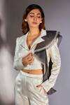 Masumi Mewawalla_White Mashroo Embroidery 3d Ruffle Notched Structured Crop Blazer And Pant Set _Online_at_Aza_Fashions