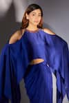 Shop_Masumi Mewawalla_Blue Skirt Tabby Silk Embroidery Cape Round Draped Set With Cold Shoulder _Online_at_Aza_Fashions