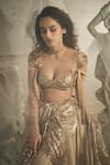 Shehlaa Khan_Gold Tulle Embellished Crystal Sweetheart Pre-draped Saree With Blouse _Online_at_Aza_Fashions