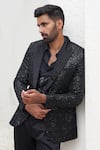 Mahima Mahajan_Black Net Embroidery Sequin Kiyaan Theo Galaxy Blazer Pant Set _at_Aza_Fashions