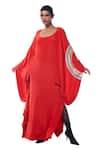 AK-OK_Red Silk Print Synodic Arc Deep Round Neck Cape With Plain Maxi Dress  _at_Aza_Fashions