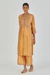 Buy_Lajjoo C_Yellow Silk Embroidered Marodi Round Indrani Kurta With Pant _at_Aza_Fashions