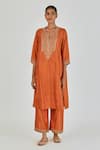 Buy_Lajjoo C_Orange Silk Embroidery Marodi U Neck Dipty Boteh Kurta With Palazzo _at_Aza_Fashions