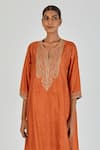Buy_Lajjoo C_Orange Silk Embroidery Marodi U Neck Dipty Boteh Kurta With Palazzo _Online_at_Aza_Fashions