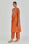 Shop_Lajjoo C_Orange Silk Embroidery Marodi U Neck Dipty Boteh Kurta With Palazzo _Online_at_Aza_Fashions