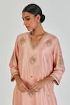 Shop_Lajjoo C_Pink Silk Embroidery Marodi V Neck Tanisha Crest Kurta With Palazzo _Online_at_Aza_Fashions