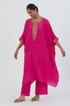 Buy_Lajjoo C_Fuchsia Kurta- Crepe Embroidered Zardozi Round Geet Yoke Kaftan And Pant Set _at_Aza_Fashions