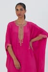 Shop_Lajjoo C_Fuchsia Kurta- Crepe Embroidered Zardozi Round Geet Yoke Kaftan And Pant Set _Online_at_Aza_Fashions