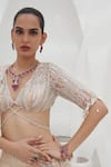 Shop_Mahima Mahajan_Beige Net Embroidered Crystal Plunge V-neck Samia Swirl Lehenga Set