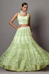 Shop_Mala and Kinnary_Green Net Embroidered Pearl Floral Swirl Baroque Bridal Lehenga Set _Online_at_Aza_Fashions