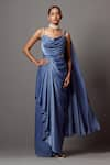 Buy_Mala and Kinnary_Blue Satin Crepe Embellished Pearl Side Cut-out Draped Saree Gown _at_Aza_Fashions