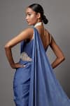 Mala and Kinnary_Blue Satin Crepe Embellished Pearl Side Cut-out Draped Saree Gown _Online_at_Aza_Fashions