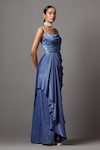 Buy_Mala and Kinnary_Blue Satin Crepe Embellished Pearl Side Cut-out Draped Saree Gown _Online_at_Aza_Fashions