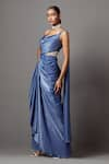 Shop_MALA AND KINNARY_Blue Satin Crepe Embellished Pearl Side Cut-out Draped Saree Gown  _Online_at_Aza_Fashions