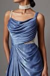 Mala and Kinnary_Blue Satin Crepe Embellished Pearl Side Cut-out Draped Saree Gown _at_Aza_Fashions