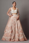 Buy_MALA AND KINNARY_Pink Net Embroidered Pearl Floral Scallop Stone Embellished Bridal Lehenga Set _at_Aza_Fashions