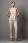 Buy_Mala and Kinnary_Beige Net Embroidered Pearl Crystal Stripe Embellished Top With Pant _at_Aza_Fashions