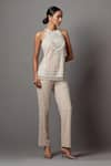 Mala and Kinnary_Beige Net Embroidered Pearl Crystal Stripe Embellished Top With Pant _Online_at_Aza_Fashions