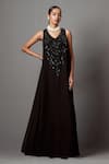 Buy_Mala and Kinnary_Black Georgette Embellished Crystal V-neck Bead Scallop Pattern Gown _at_Aza_Fashions