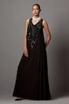 Mala and Kinnary_Black Georgette Embellished Crystal V-neck Bead Scallop Pattern Gown _Online_at_Aza_Fashions