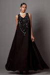 Mala and Kinnary_Black Georgette Embellished Crystal V-neck Bead Scallop Pattern Gown _at_Aza_Fashions